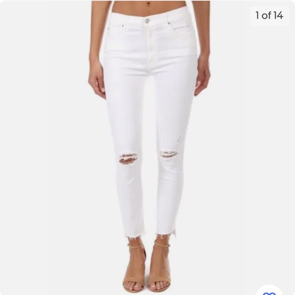 Mother denim Stunner Zip Ankle Step Fray jeans in little miss innocent style.